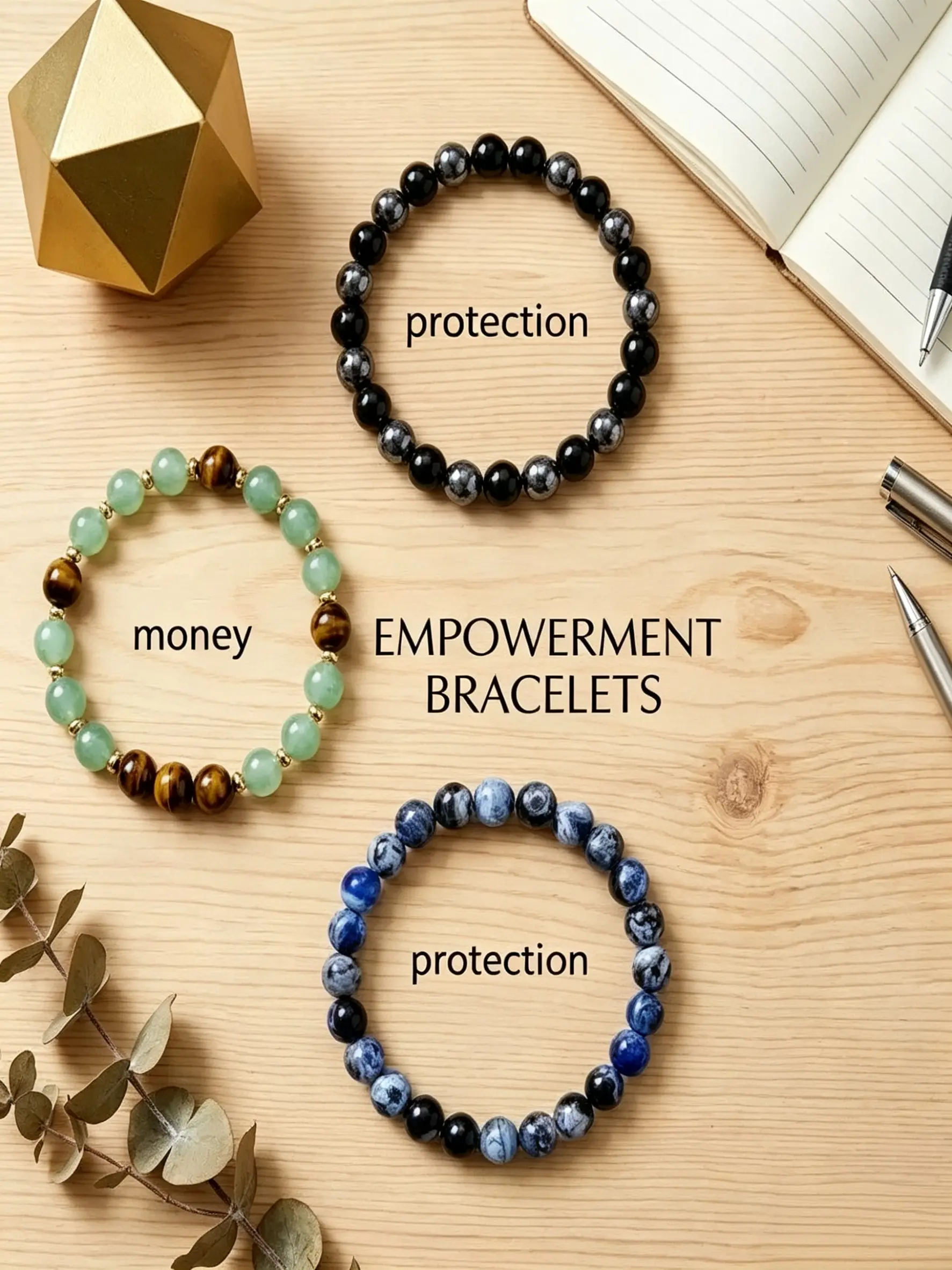 Men and Women 3-Piece Beaded Crystal Bracelet Set, Authentic Agate and Obsidian Healing Stones, Spiritual Protection and Wealth