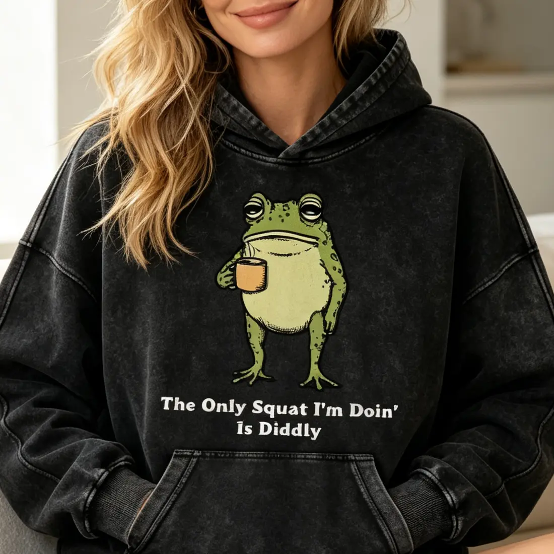 The Only Squat I'm Doing Is Diddly 380g Autumn VIntage Washed Hoodie Graphic Sweatshirt Cowboy Frog Hoodie, Funny Frog Meme Hoodie, Western Humor, Sarcastic Western