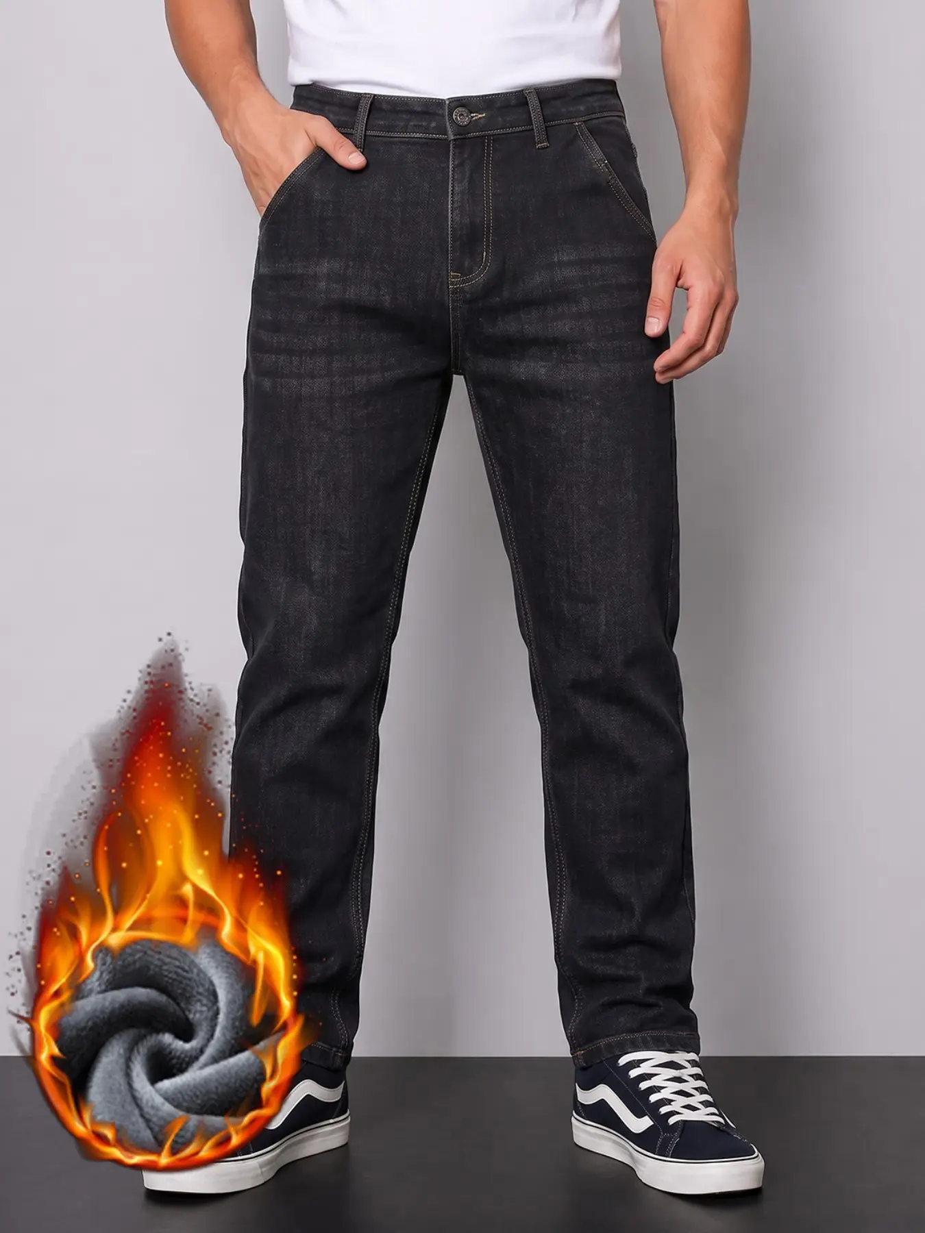 Men's Fleece Lined Thick Jeans, Slim Fit Straight Leg Long Pants, New Cotton Elastic Fall Winter Warmth, Street Style