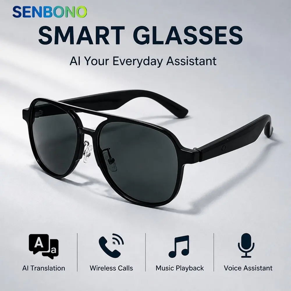 SENBONO Smart Audio Glasses, Bluetooth-compatible Wireless HD Calling, Stereo Music, UV Protection, Outdoor Sports, Cycling, Driving, Multi-Function Earphones