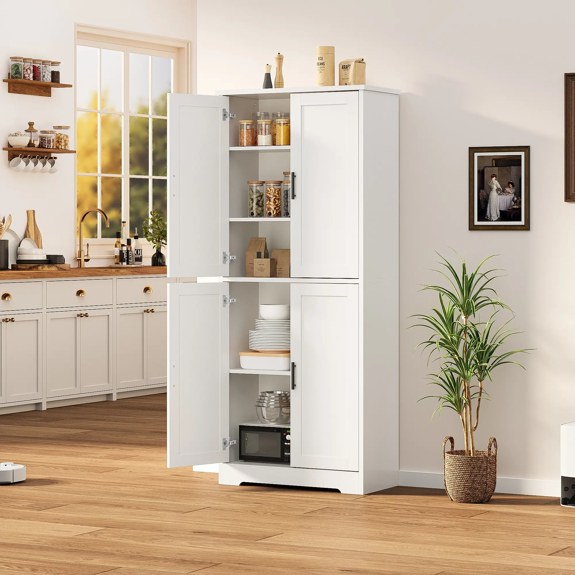 70" Tall Kitchen Pantry Storage Cabinet with 4 Doors, Freestanding Wooden Storage Cupboard with 5 Adjustable Shelves, Modern Pantry Cabinet Furniture for Kitchen Bathroom Living Room