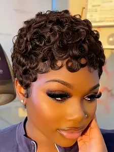 Short Burgundy Curly Pixie Wig, 150% Density Human Hair Wigs for Women, Daily Party Cosplay Use, Machine Made
