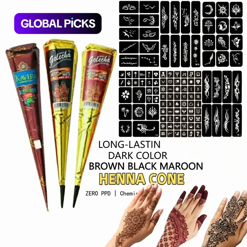 3 Piece Henna Cones, Multiple Waterproof Reusable Henna Templates, DIY Temporary Tattoo Kit, Ideal for Body Art, Safe, Zero #GLOBAL PICKS