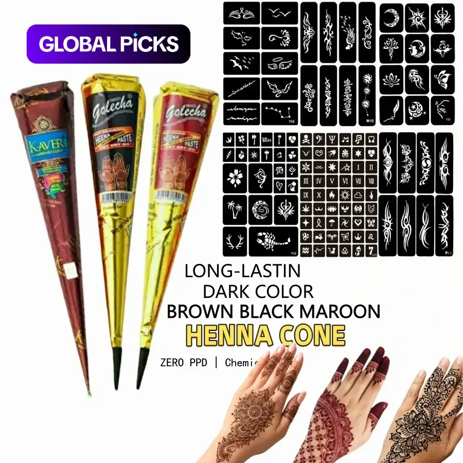 3 Piece Henna Cones, Multiple Waterproof Reusable Henna Templates, DIY Temporary Tattoo Kit, Ideal for Body Art, Safe Skin #GLOBAL PICKS