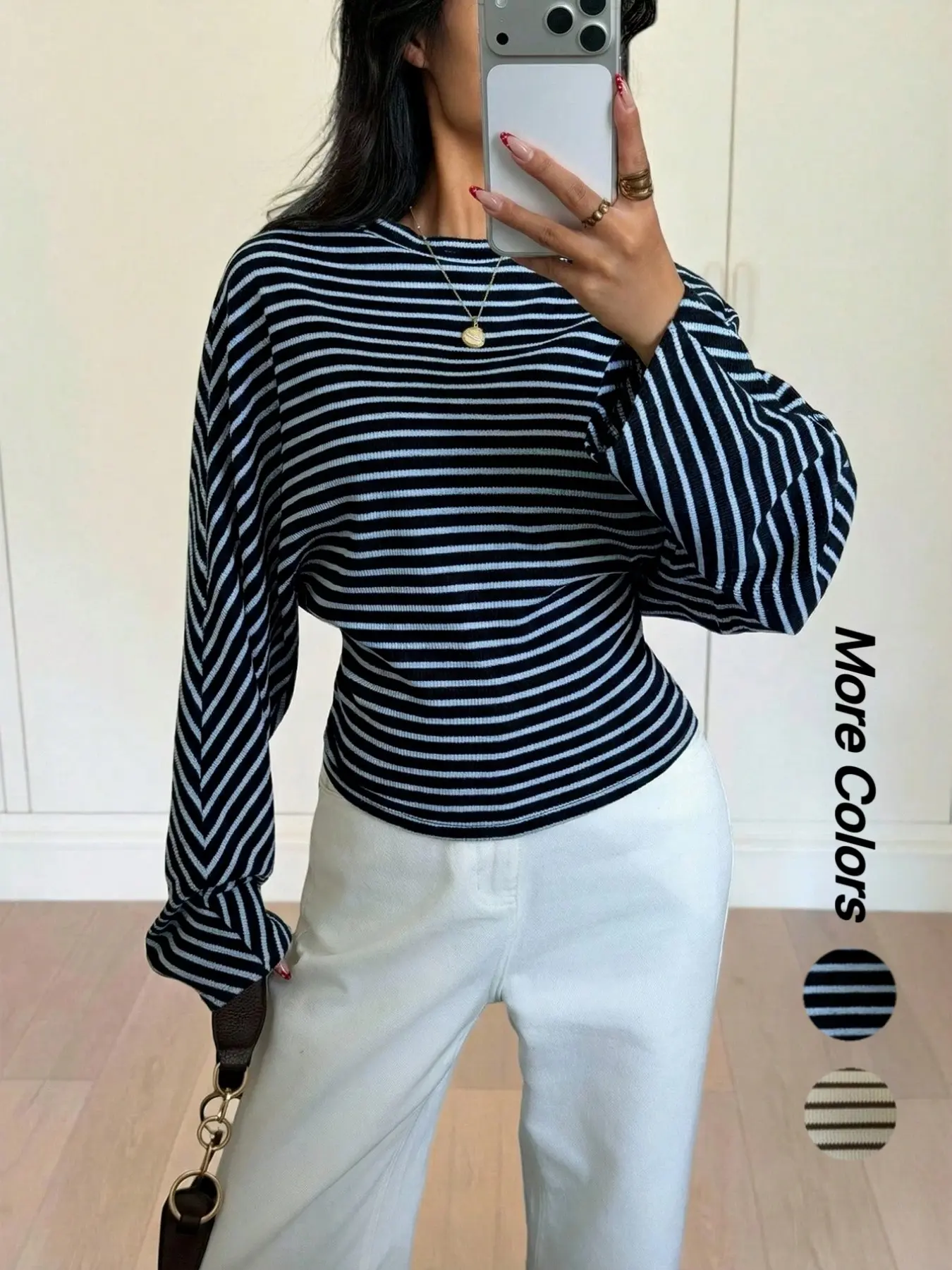 Women's Long Sleeve Knit Top, Colorblock Striped Round Neck, Loose Fit Bell Sleeve, Casual Office Wear, Perfect for Holidays and Weddings
