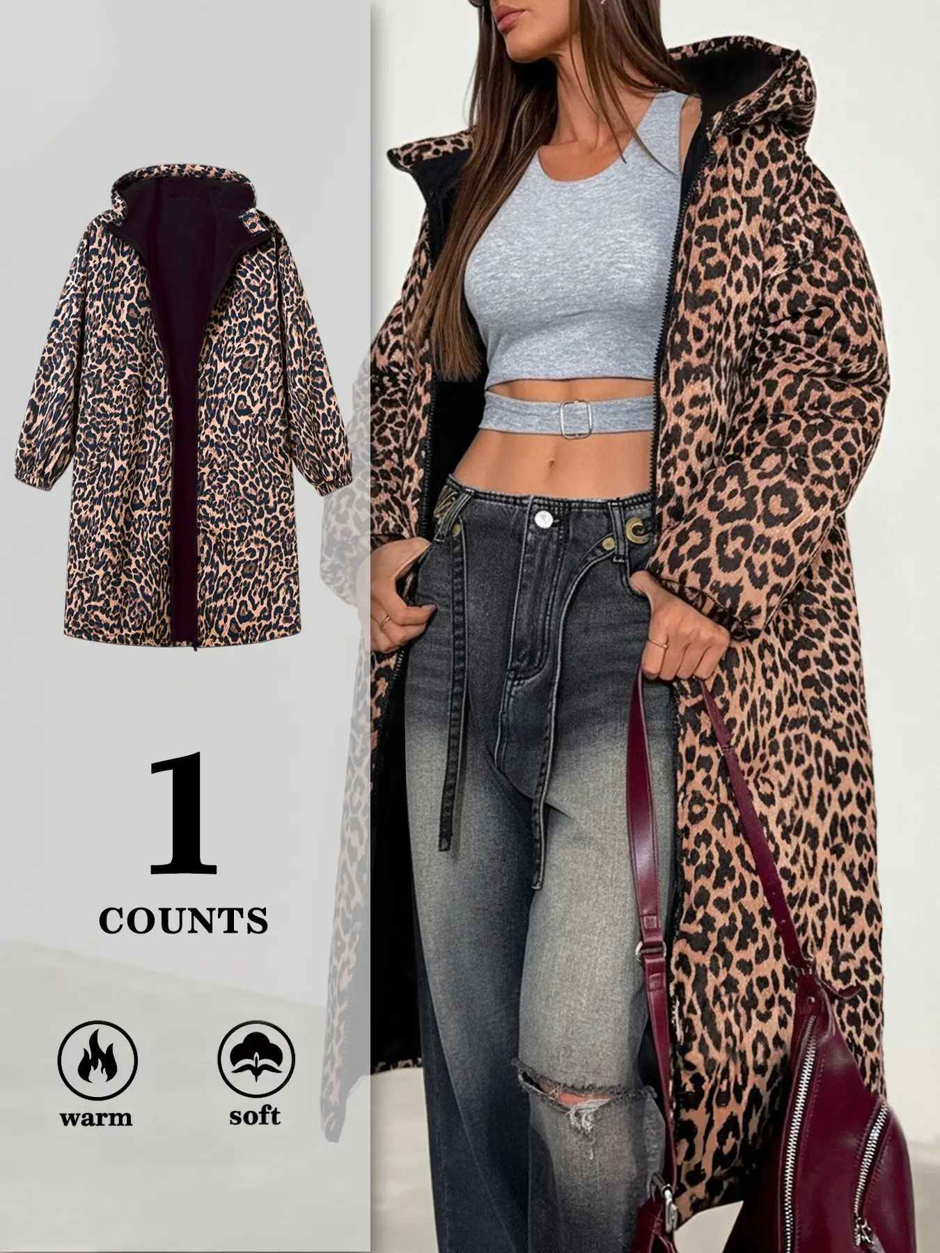 Vintage Y2K Leopard Pattern Long Hooded Quilted Puffer Coat Jacket Thick Windproof Overcoat For Ladies Casual Outdoor Weekend Travel Wear