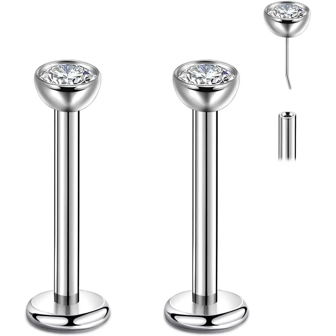 Cz Threadless Nose Ring g23 Titanium 16g 18g Push in Flat  Earrings Nose Stud Lip Cartilage Helix Daith