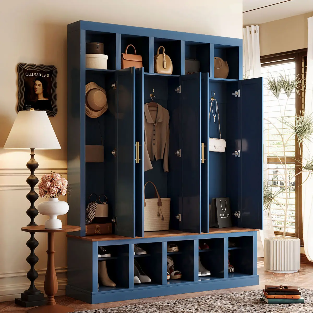 Farmhouse Coat Closet with Shoe Rack & Display Cubbies – Freestanding Entryway Storage Cabinet, Rustic Wooden Hallway Organizer, Multi-Functional Unit for Boots, Bags, and Decorative Accents