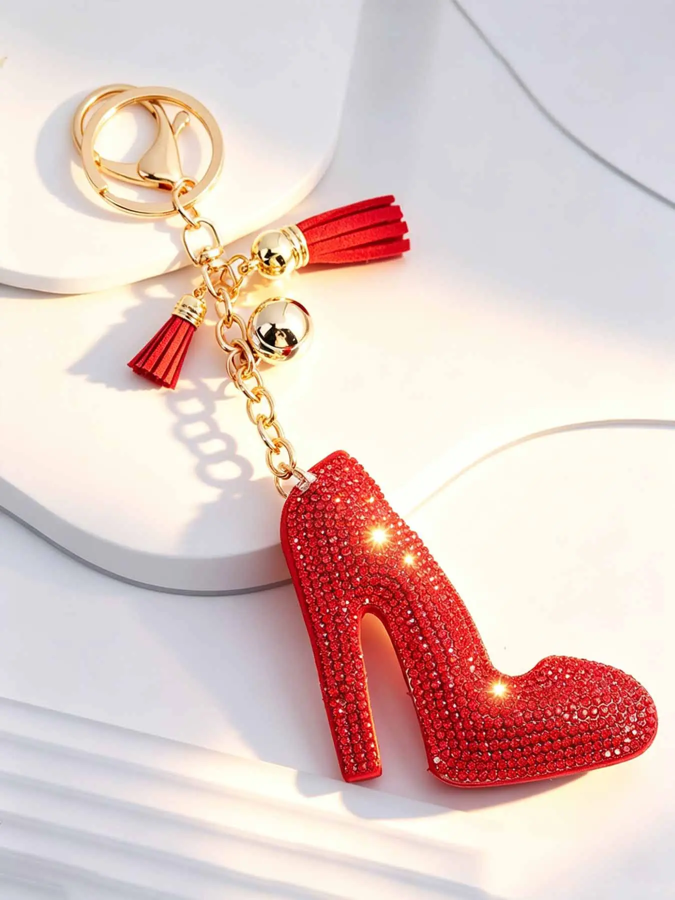 Red Sequin High Heel Tassel Keychain With Gold Hardware, Luxury Bling Charm, Gift For Girls, Friends & Festival