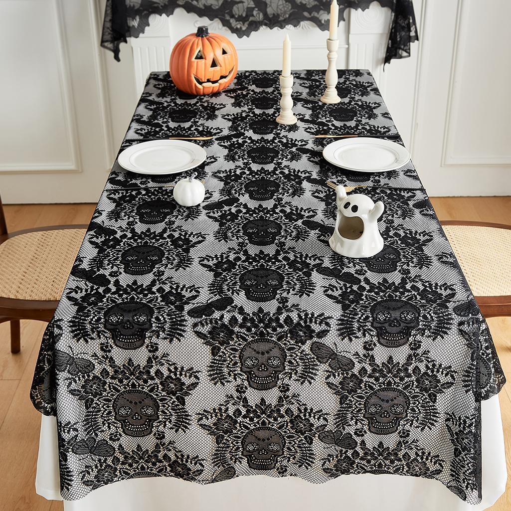 Skull & Floral Pattern Lace Tablecloth, Durable, Easy Maintenance, 1 Count Rectangular Tablecloth, Table Decoration Supplies for Home Kitchen Dining Room Party, Halloween, Table Setting