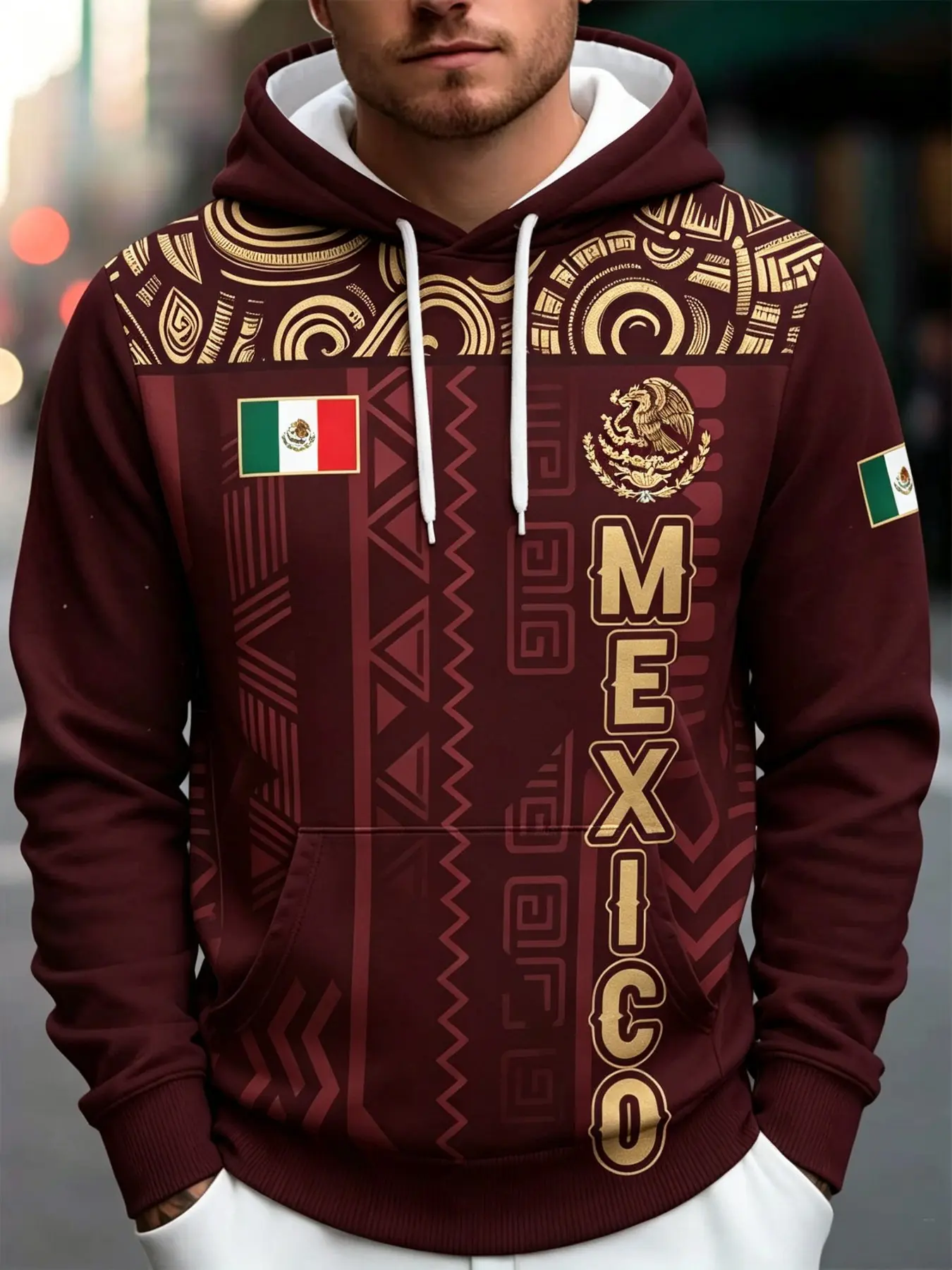 Men's Mexican Flag Graphic Print Hoodie, Aztec Print, Loose-Fit, Relaxed Fit, Long Sleeves, Casual Style, All Seasons, Ideal for Latin American Diaspora, Streetwear, Fall Winter