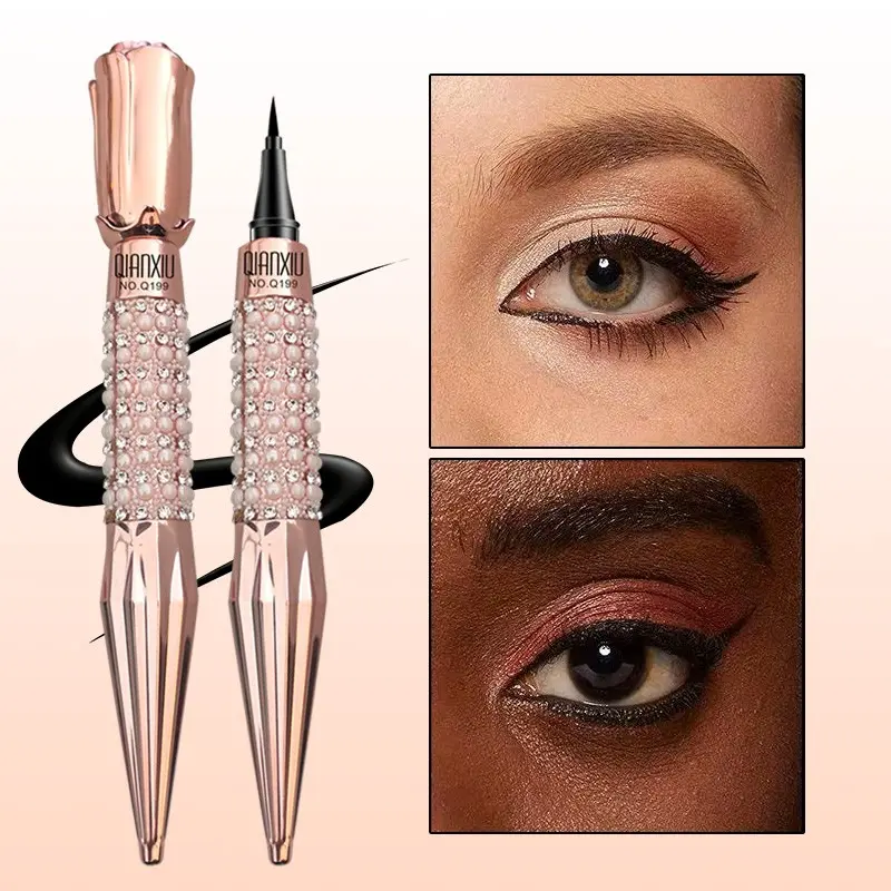 Liquid Eyeliner Pen Waterproof Sweatproof Smudgeproof Long Lasting, Quick Drying Precise Line Eye Liner, Luxury Pearl Rhinestone Rose Flower Cap Design, Smooth Fine Tip Black Eye Makeup Liquid Eyeliner Pencil