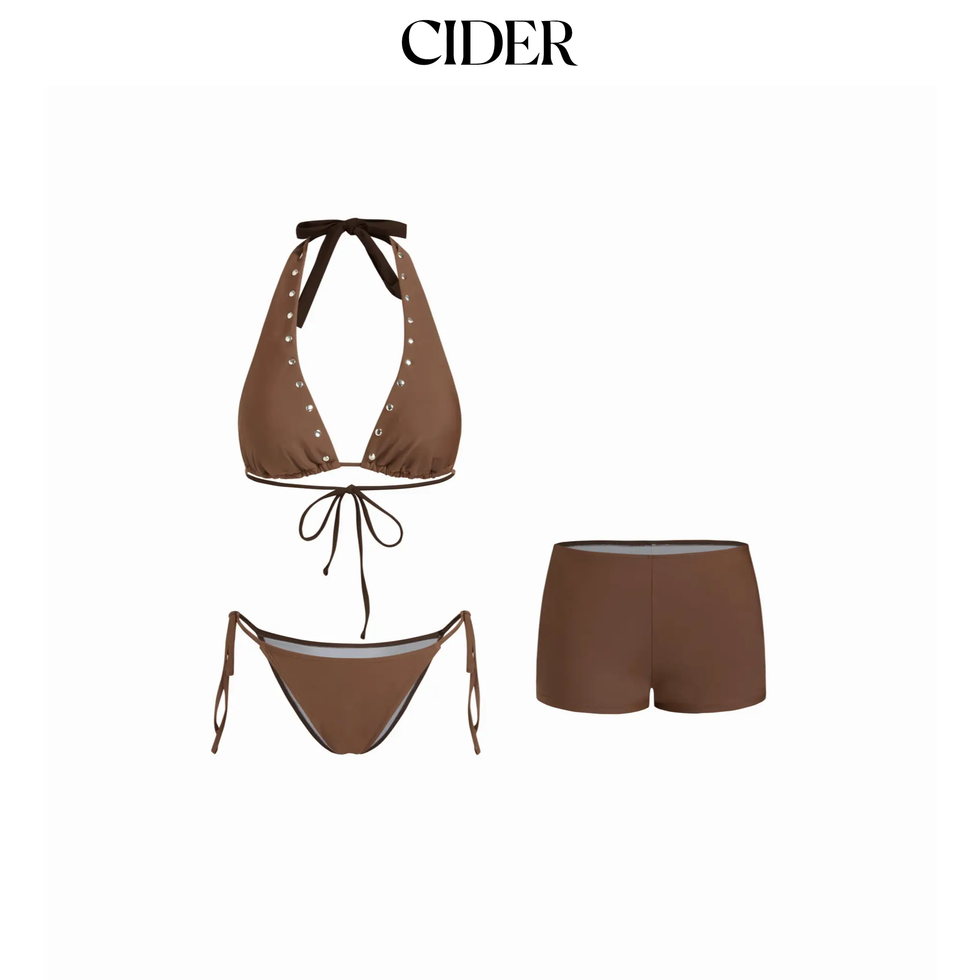 Cider Halter Neckline Rivet Knotted 3-Piece Bikini Set With Shorts