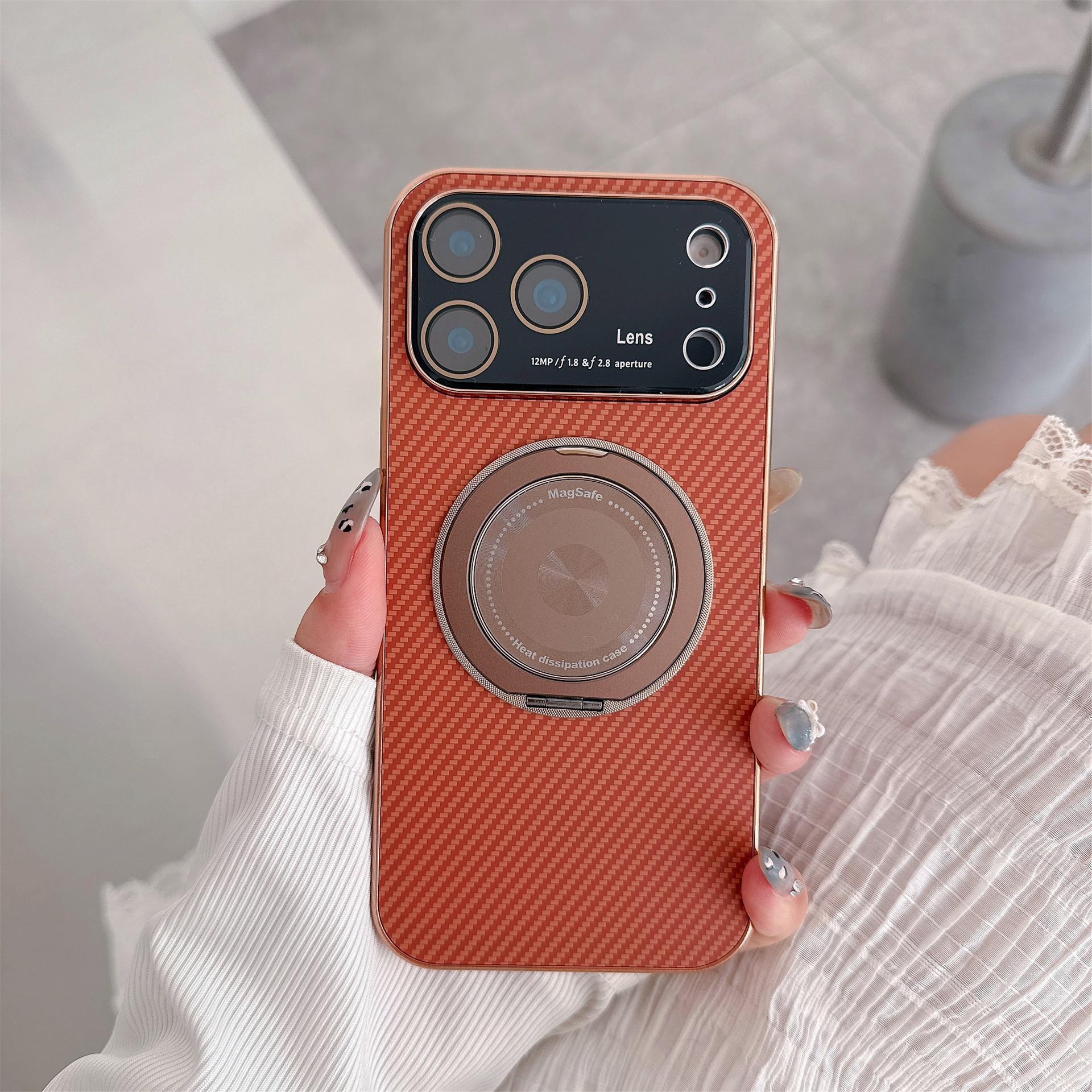 Suitable for iPhone 17 Magnetic Phone Case Rotating Stand iPhone 16 Pro Max Large Window Electroplated Fiber Texture