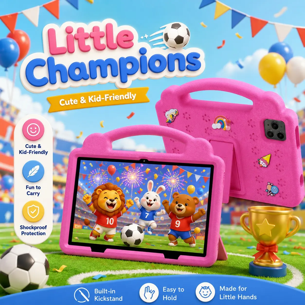 10.1 Inch Kids Tablet, 4GB RAM 64GB ROM, Android 12, Dual Camera, Kid-Proof Case with Handle, WiFi Learning Tablet for Toddlers, Android Tablets
