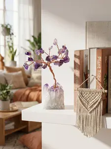 1pc Natural Amethyst Crystal Tree Ornament, Handmade Copper Wire Gemstone Decor with Raw Amethyst Cluster Base, Minimal Zen Tabletop Accessory for Office Desk & Meditation Space, Ideal Gift for Crystal Collectors