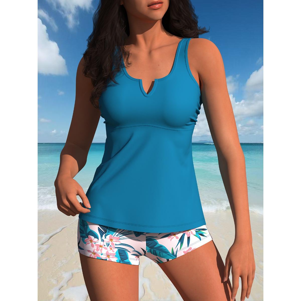 2026 New Women's Tankini Swimsuit V-Neck Gathered Backless Design Separate Swimwear Polyester Fabric with Chest Pad