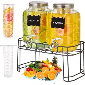 1 Gallon 2PACK Glass Drink Dispensers with Stand Fruit Infuser and Stainless Steel Spigot 100% Leakproof for Parties Lemonade Sun Tea