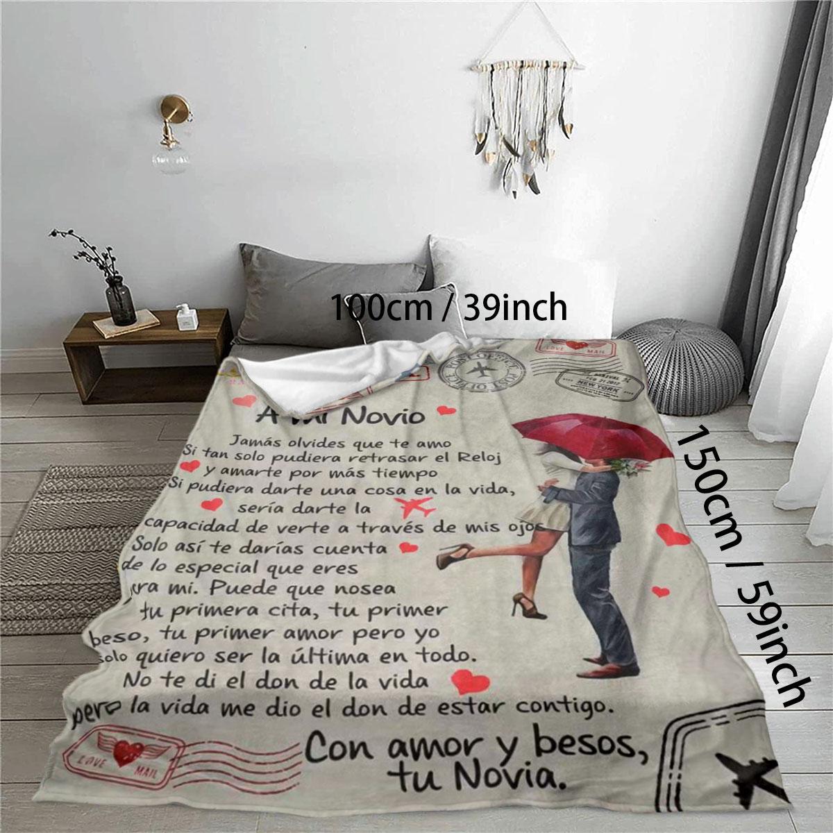 Letter & Couple Pattern Flannel Blanket, Slogan Print Blanket, Soft Warm Throw Blanket, Air-conditioned Room Blanket, Warm Nap Blanket for Home Office Travel