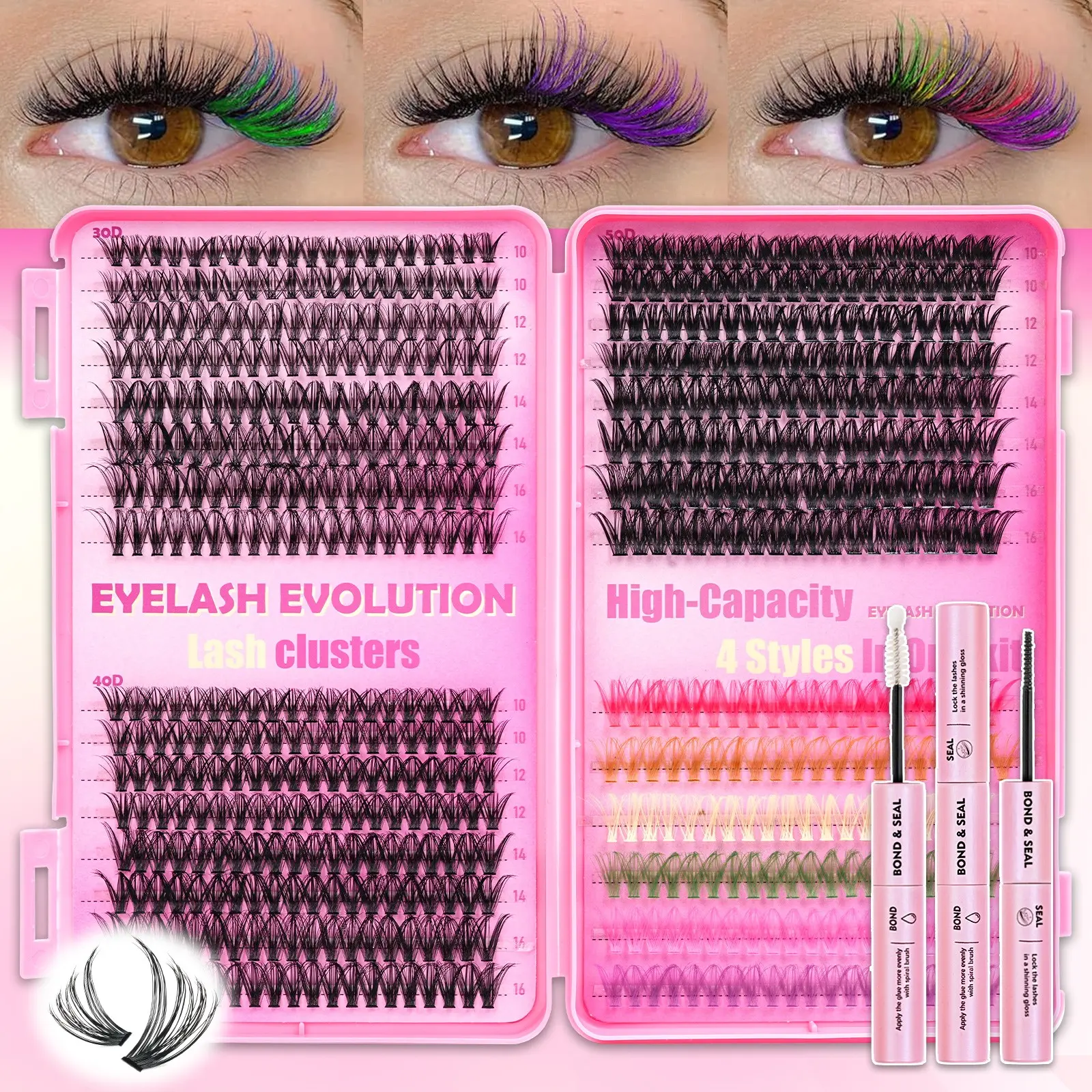 600pcs Colorful False Eyelashes, 30D+40D+50D Styles, 10-16mm with Adhesive, Home Use, Create Stunning Makeup Looks