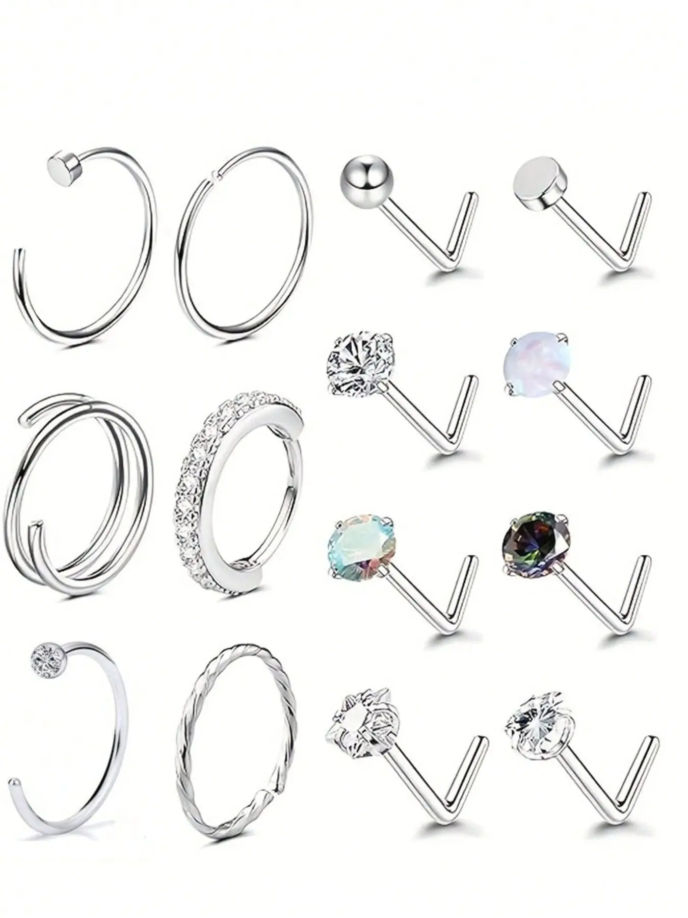 14pcs Elegant Simple Style Hypoallergenic Zirconia Nose Studs and Hoops, Stainless Steel Nose Ring Set, Nose Jewelry, Body Jewellery, Nose Rings Set for Daily and Party Use