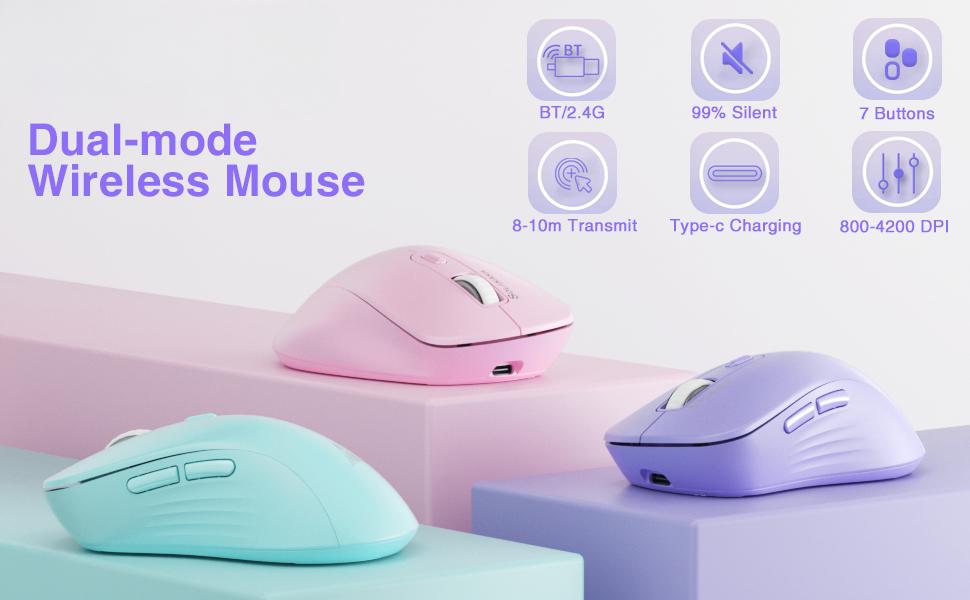 SM66 White Silent Wireless Mouse, Dual Mode(BT/2.4G) Computer Mouse for Laptop/PC/Mac