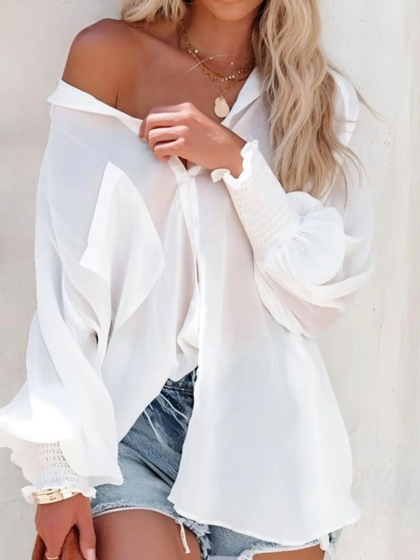 Summer Long Sleeve Transparent Women's Shirt with Pockets, Ladies Top, Ruched Sleeves, Stylish and Comfortable Clothing for Daily Wear
