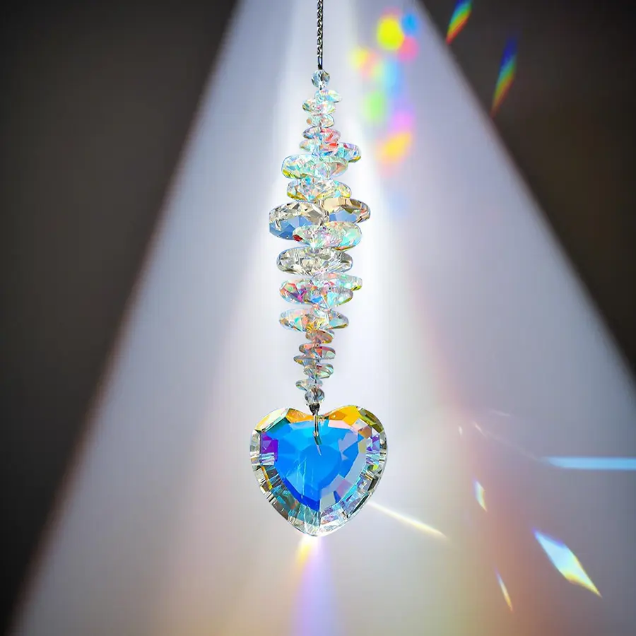 Heart Shaped Crystal Suncatcher Rainbow Maker AB Coated Faceted Prism Hanging Ornament Multi Crystal Bead Pendant Window Decor for Home Garden Balcony Wedding Valentine Birthday Housewarming Gift