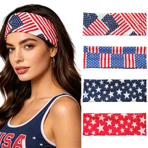 USA Flag Printed Wide Elastic Fabric Headband Sweat Absorbent Breathable Stretch Cloth Non Slip Silhouette For Women Sports Fitness Yoga Daily Independence Day Holiday Themed Decorative Hair Binding Accessory