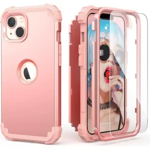 IDweel for iPhone 15 Case with Screen Protector for Women, 3 in 1 Shockproof Slim Fit Hybrid Heavy Duty Hard PC Cover Soft Silicone Bumper Full Body Case,Rose Gold