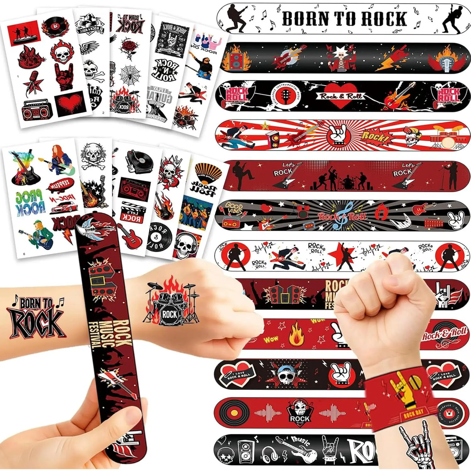 Rock and Roll Party Favors, 94-Piece Set with 24 PVC Snap Bracelets & 70 Tattoo Sticker Sheets | Lightweight Birthday Decoration & Photo Props