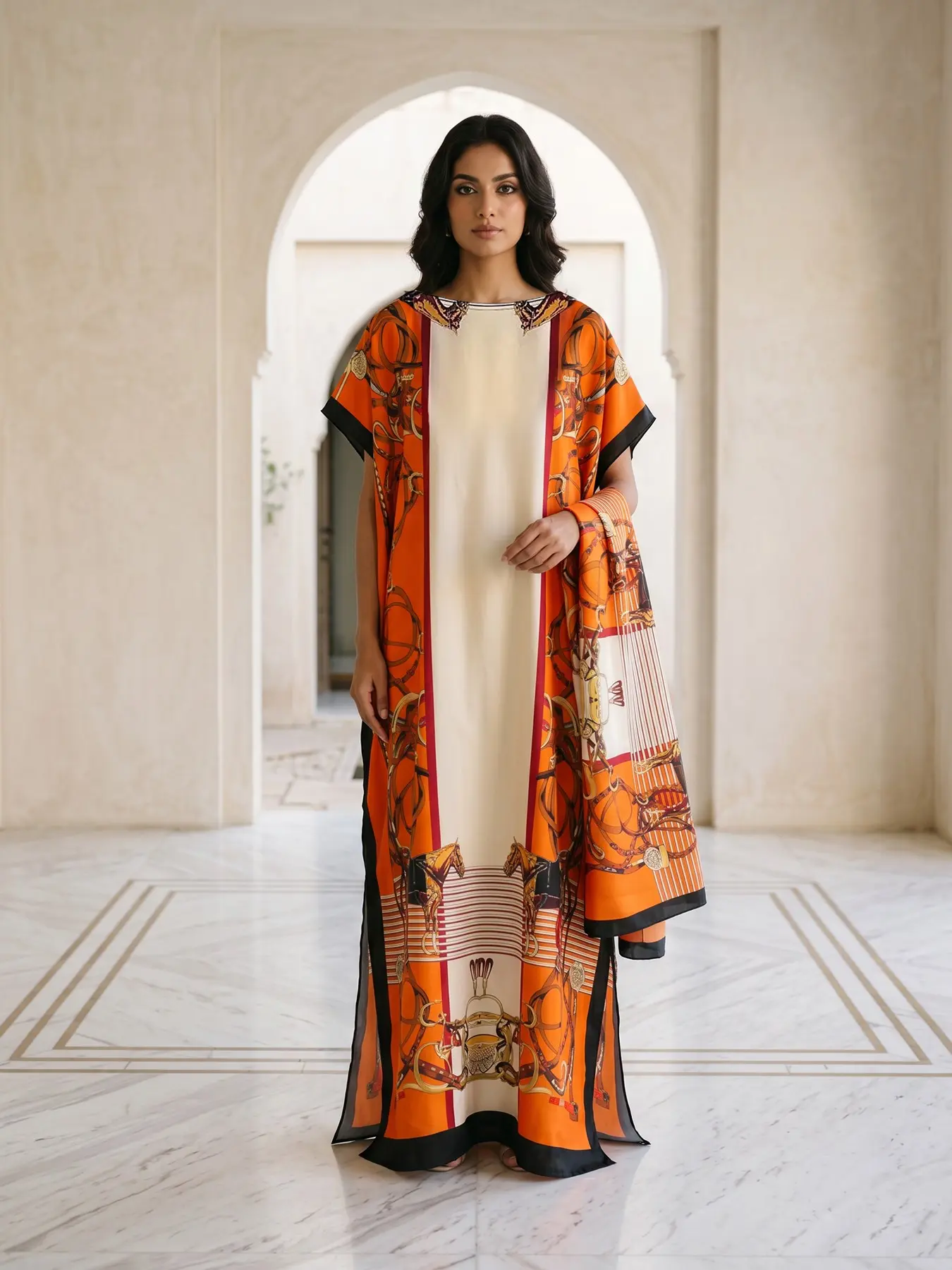 2-Piece Luxury Kaftan Set with Matching Scarf - Elegant Chain Print Maxi Dress for Vacation, Cruise & Resort Wear Beach Kaftans