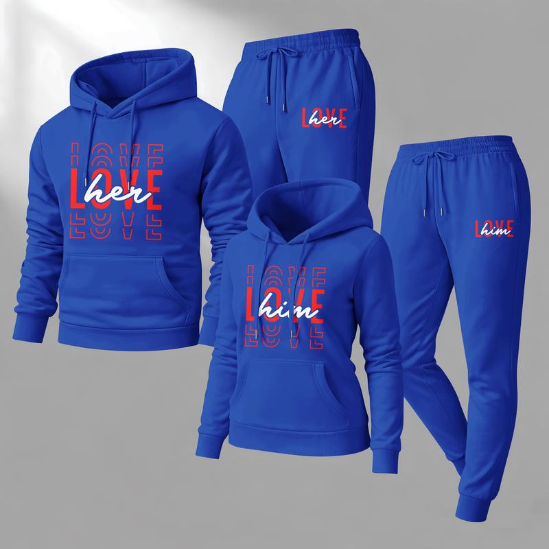 Couple's “LOVE her” and “LOVE him” Print Hoodie and Sweatpants Set, Casual Sportswear, Long-Sleeve Hooded Jacket and Pants, Suitable for Autumn, Winter, and Spring, Everyday Wear, Tracksuit