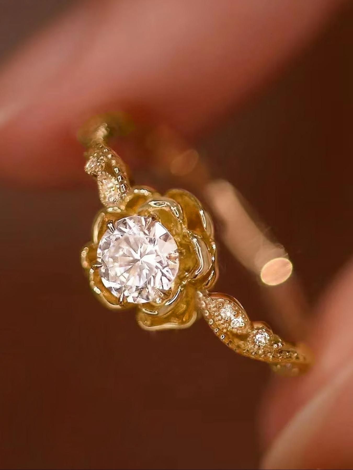 925 Sterling Silver Rose Design Ring, Elegant Engagement Wedding Rings Rhinestones Decor Design Ring for Women, Fashion Jewelry for Party, Daily Decor, Trendy All-match & Exquisite Jewelry for Birthday Gift