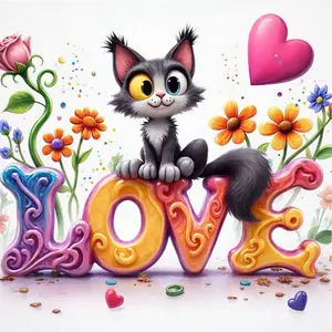1pc Full Drill DIY Diamond Painting Kit,A cute cat sitting on the word LOVEFrameless Diamond Art Wall Decor, Beginner Handmade Craft, Holiday Gift for Halloween Christmas, Home Wall Hanging for Bedroom Living Room Dining Room