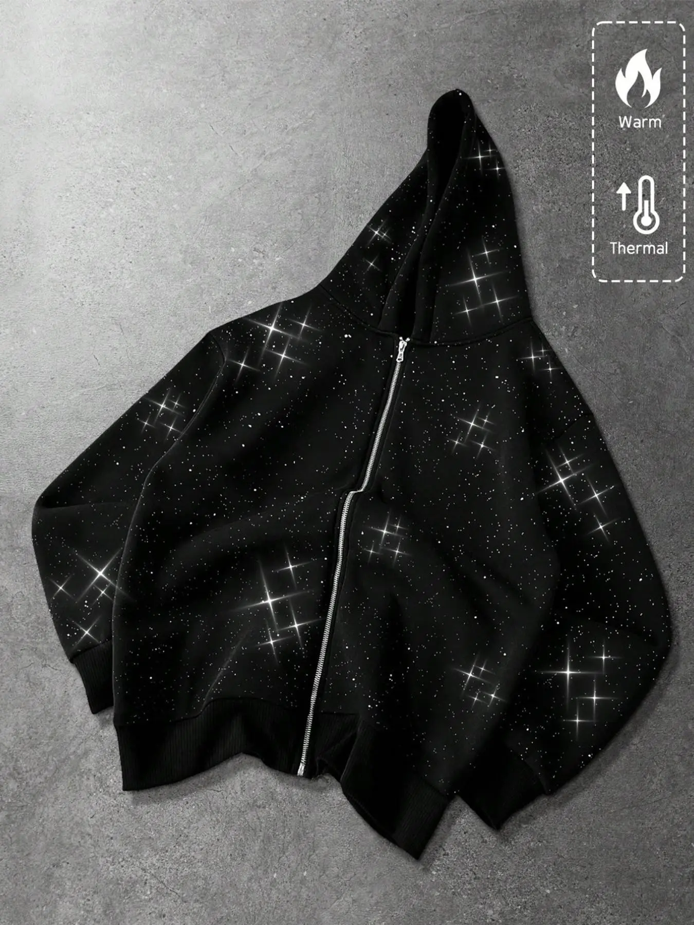 Star Print Zipper Hoodie, Fleece Lined Warm Loose Fit, Night Street Slimming Jacket, Casual Fall & Winter Outerwear