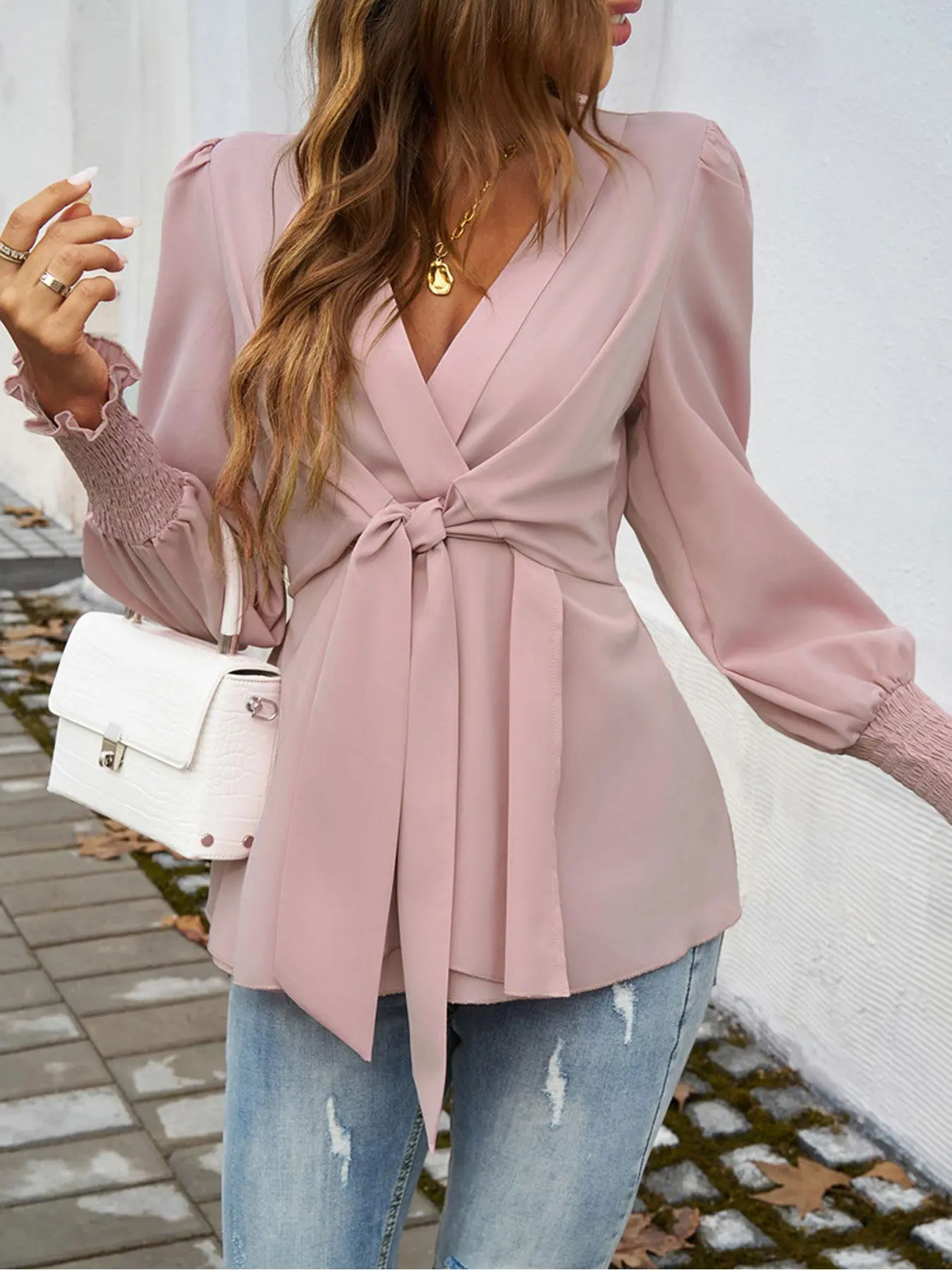Women's Plain Tie Front Shirred Wrap Blouse Shirts, Elegant Long Sleeve Bishop Sleeve V Neck Top for Fall & Winter, Women's Clothing for Daily Wear