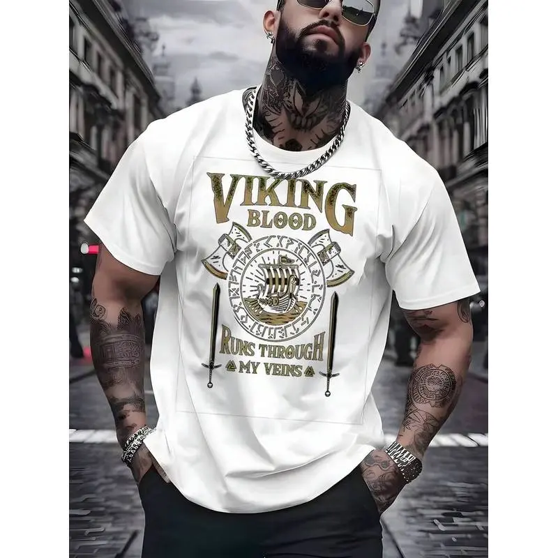 Viking Blood Runs Through My Veins Print Man's Short Sleeve T Shirt Graphic Tees Mens Clothes Men's Fashionable Style T Shirt Y2K Style Digital Printing Great Gift To Families And Friends Matching Couple Tees Streetwear, Tops, Menswear
