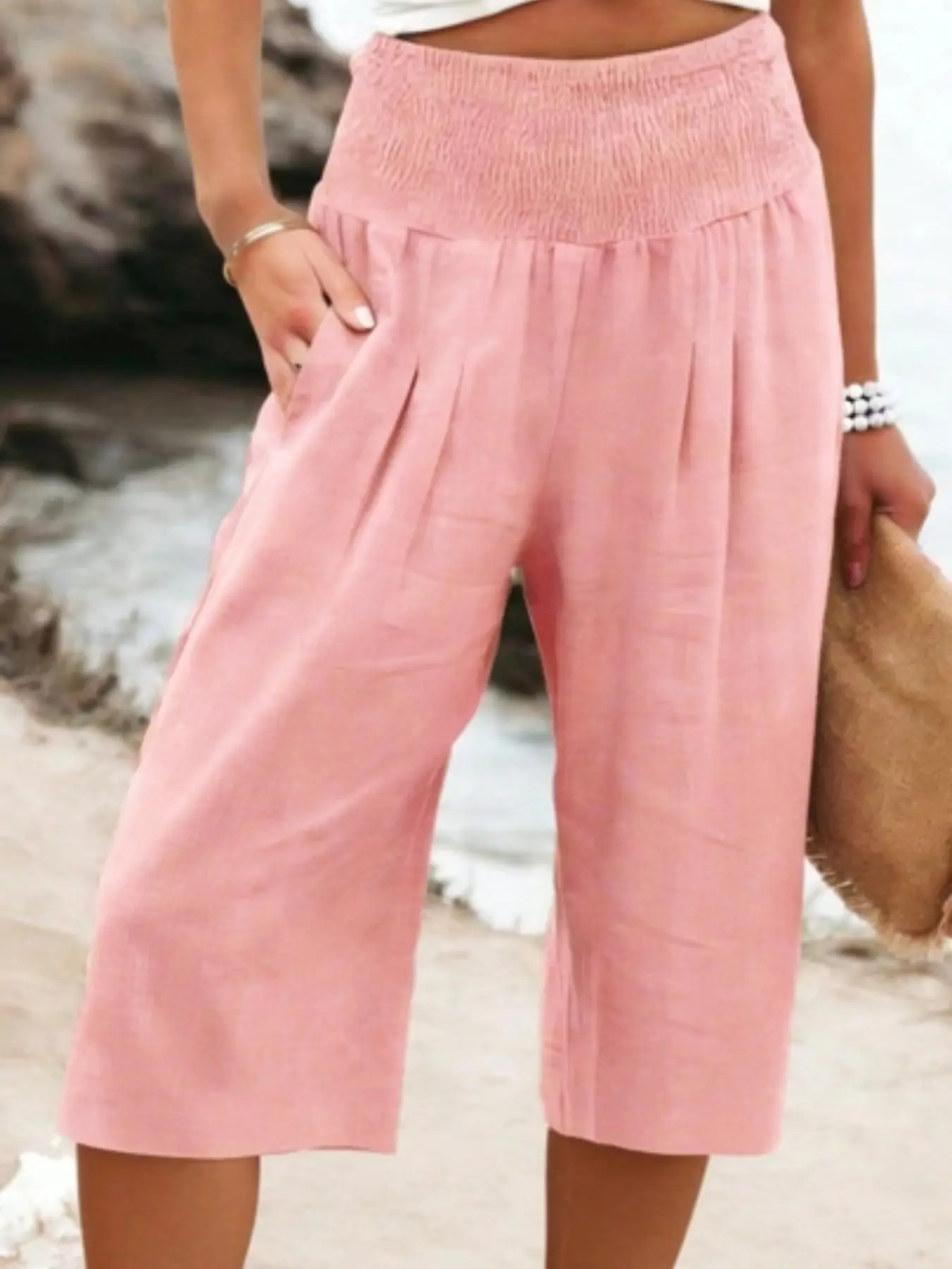 Summer Breathable Seven-Eighths Wide Leg Pants for Women, High Waist Ruched Elastic Waist, Conceals Hip, Slimming Fit, with Pockets, Casual Mid-Length Pants