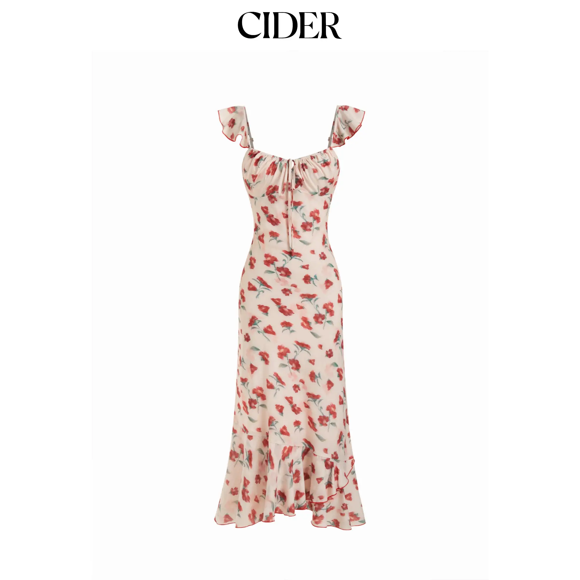 Cider Chiffon Floral U-neckline Ruffle Hem Maxi Dress