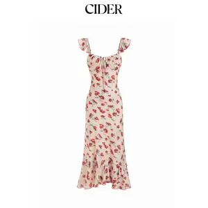 Cider Chiffon Floral U-neckline Ruffle Hem Maxi Dress