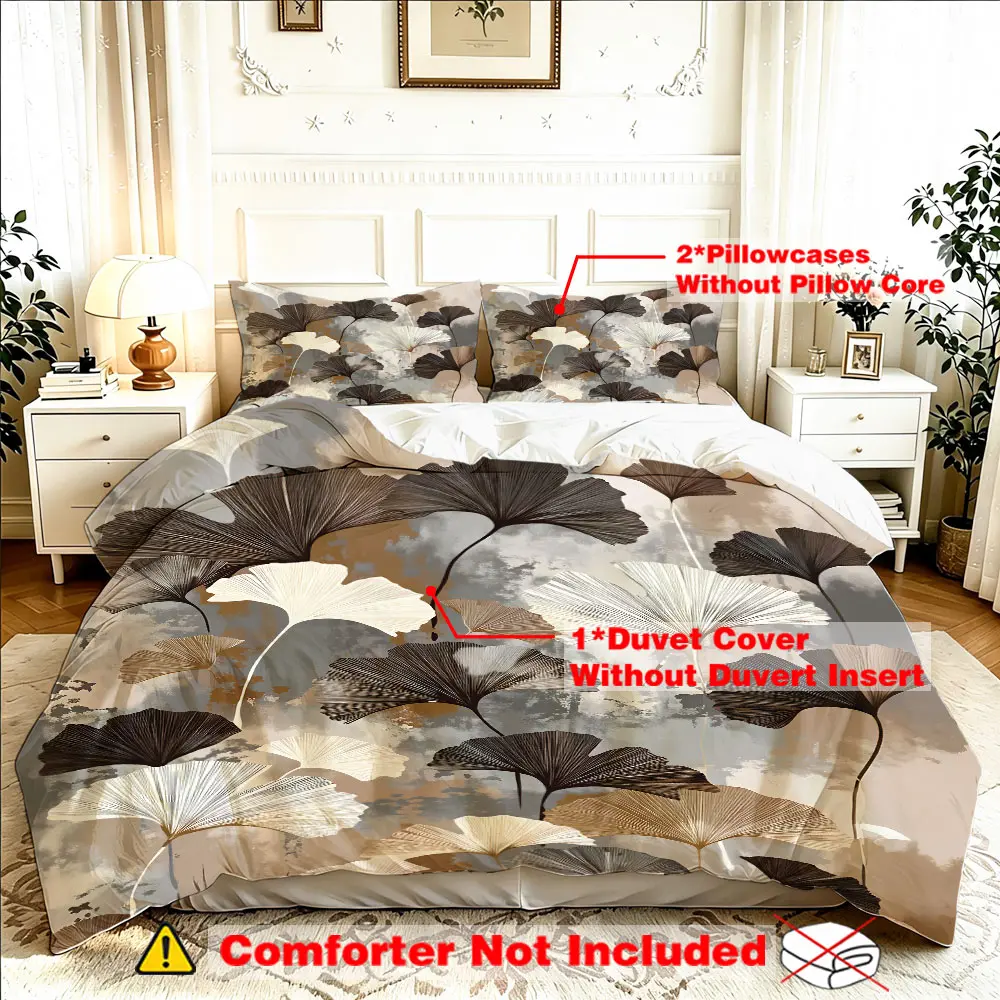 3pcs Set (1 Duvet Cover + 2 Pillowcases, No Insert) Vintage Art Large Ginkgo Leaf Print 100% Polyester Soft Comfortable Bedding Set for Room Decor, Gift