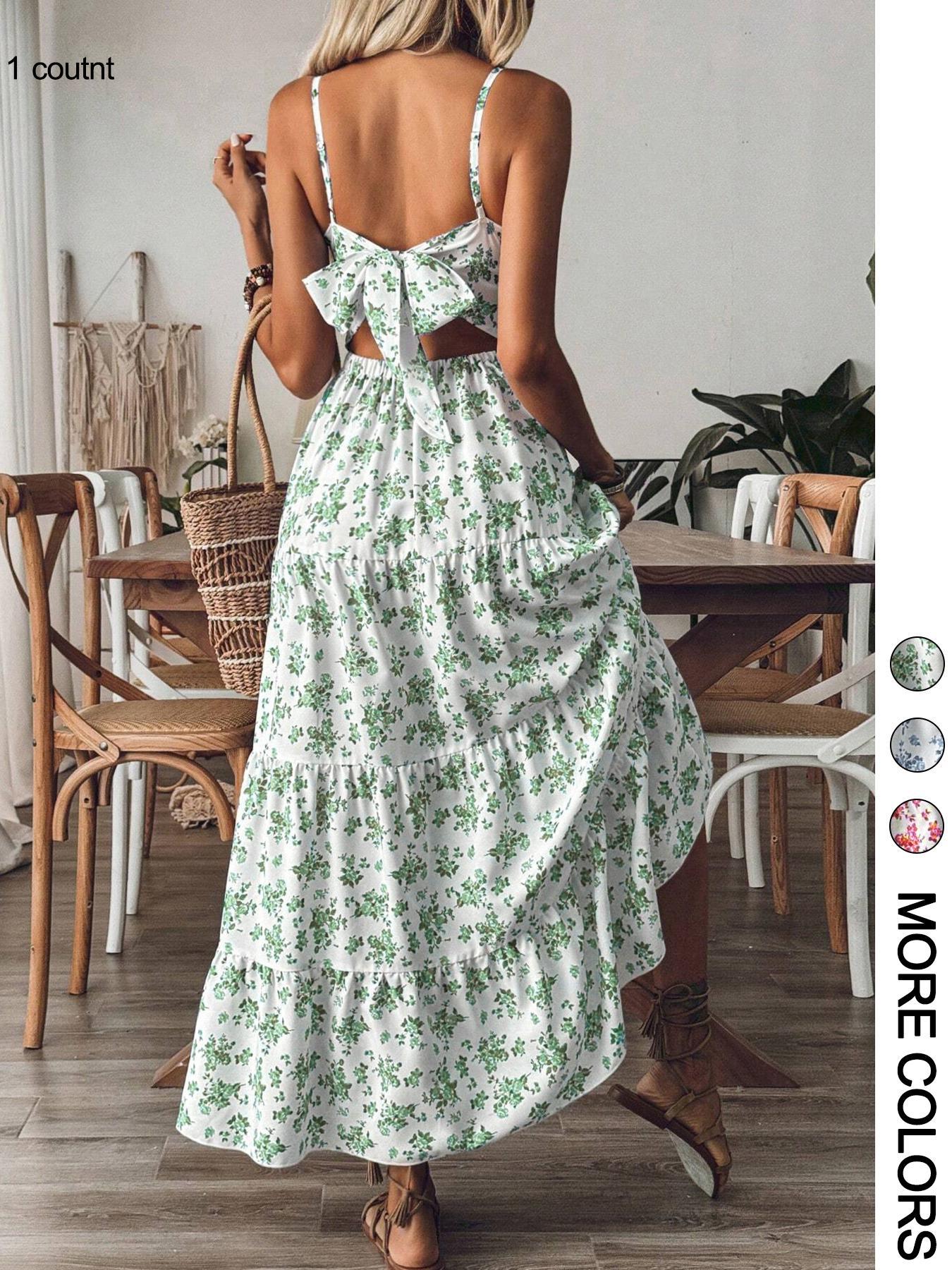 1pc Women's Floral Tiered Maxi Dress, Spaghetti Straps & Back Cutout Bow Detail & Flowy Tiered Skirt & Lightweight Material & Multiple Floral Patterns & Frill Ruffle Hem, Floral Print Dress