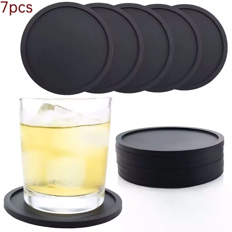 7pcs Silicone Cup Mats, Round Coffee Mug Coasters, Heat Resistant Glass Mat, Non-Slip Desk Protector, Kitchen, Office, Bar Use