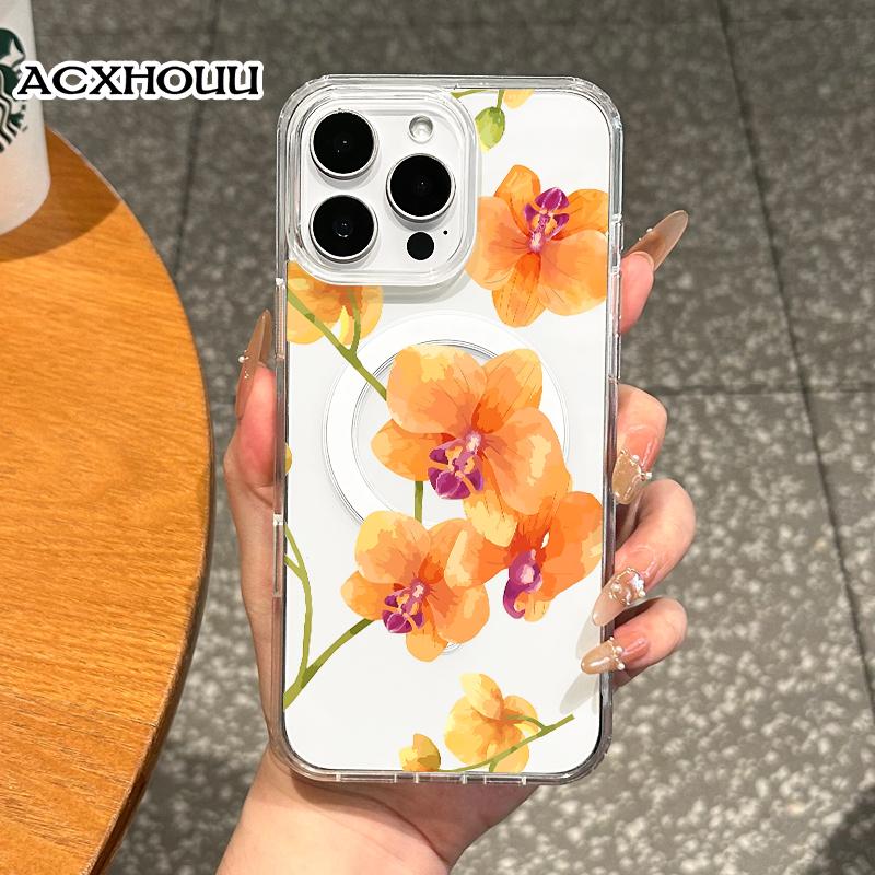 Magnetic Compatible Case for iPhone 16 E Pro Max 15 Plus 14 13 12 11 XS XR, Cute Orange Orchid Watercolor Design | Shockproof, Stylish, Girly, Scratch Resistant, and Silicone Protection