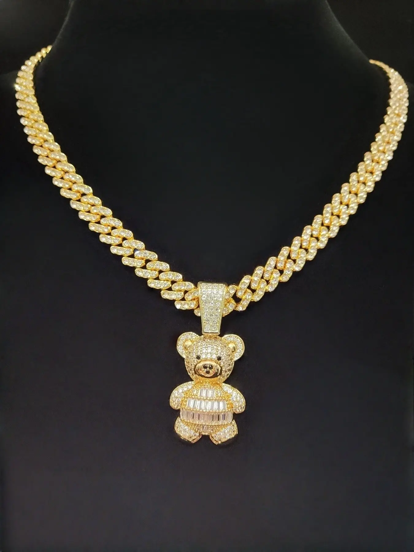 Artificial Zircon Bear Pendant Necklace, 9mm Glass Cuban Chain, Men Women Hip Hop Iced Out Bling Bling Pendant Necklaces Punk Jewelry, Fashion Vintage Style, Cuban Link Jewelry, Perfect Gift
