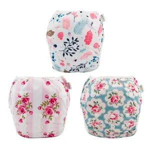 Baby Girl Swim Diapers 3 Pack for 8M-3T Babies and Toddlers, Reusable Adjustable Washable for Swimming Lessons-Flower