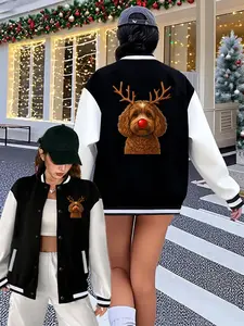 New Women's Baseball Jacket Fall Winter, Christmas Dog Print Casual Sport Coat, Hip Hop Style, Suitable for Daily Wear