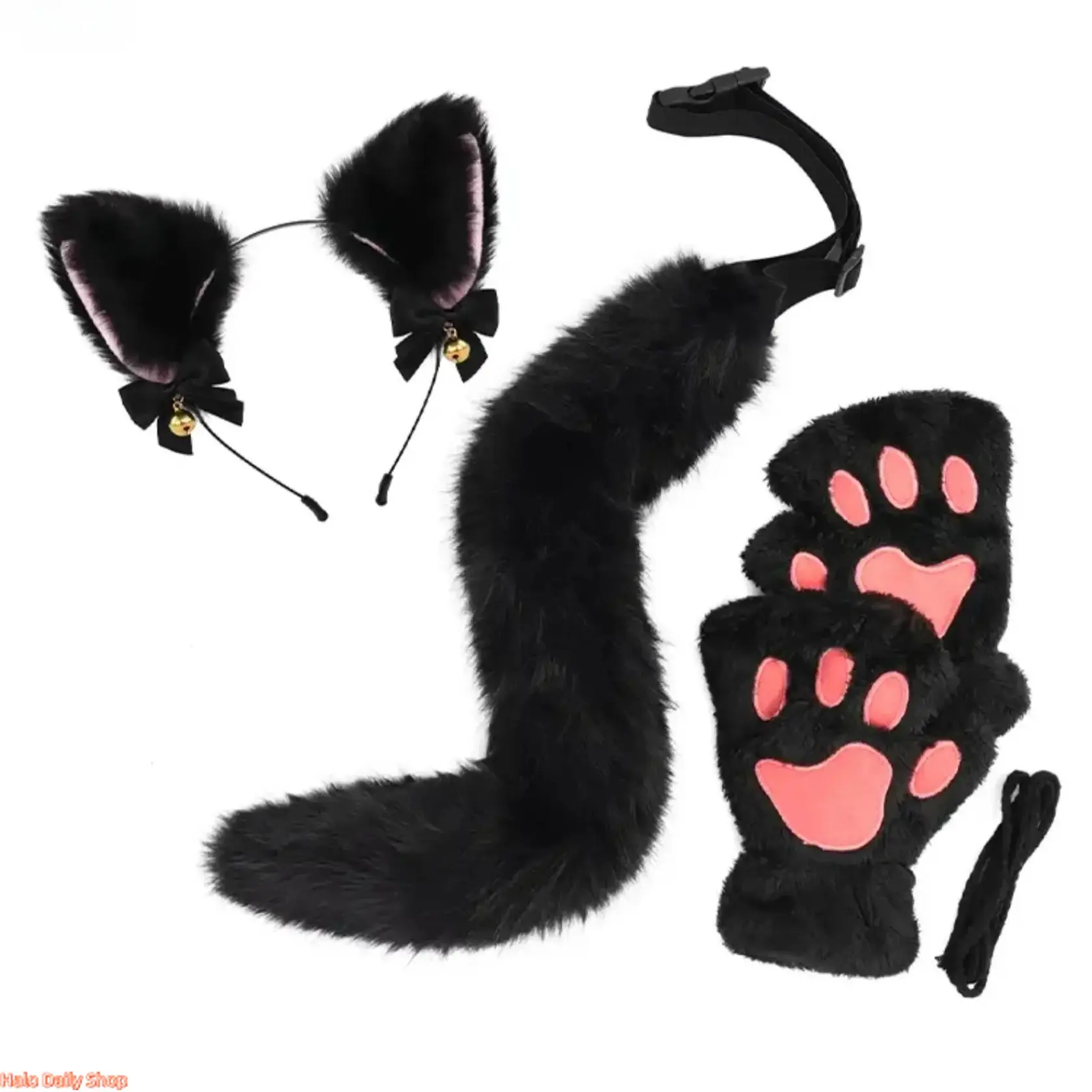 Fluffy Faux Fur Cat Costume Accessory Set for Women, Character Prop Kit with Ears, Paw Mittens, and Tail with Bell for Halloween Cosplay, Paw Gloves, Cute Look, Ears Headband, Fuzzy Fur