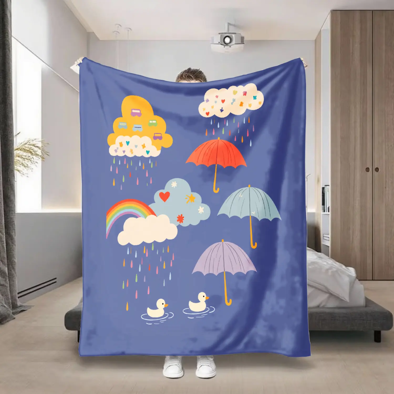 60x80 in Oversized Cloud Style Blanket - Breathable Softness, Cozy Vibes, Fluffy Dream Cloud Design with Clouds-Umbrella-Duck Pattern, Thin, All-Season Sofa-Travel Dual-Use, Machine Washable Gift